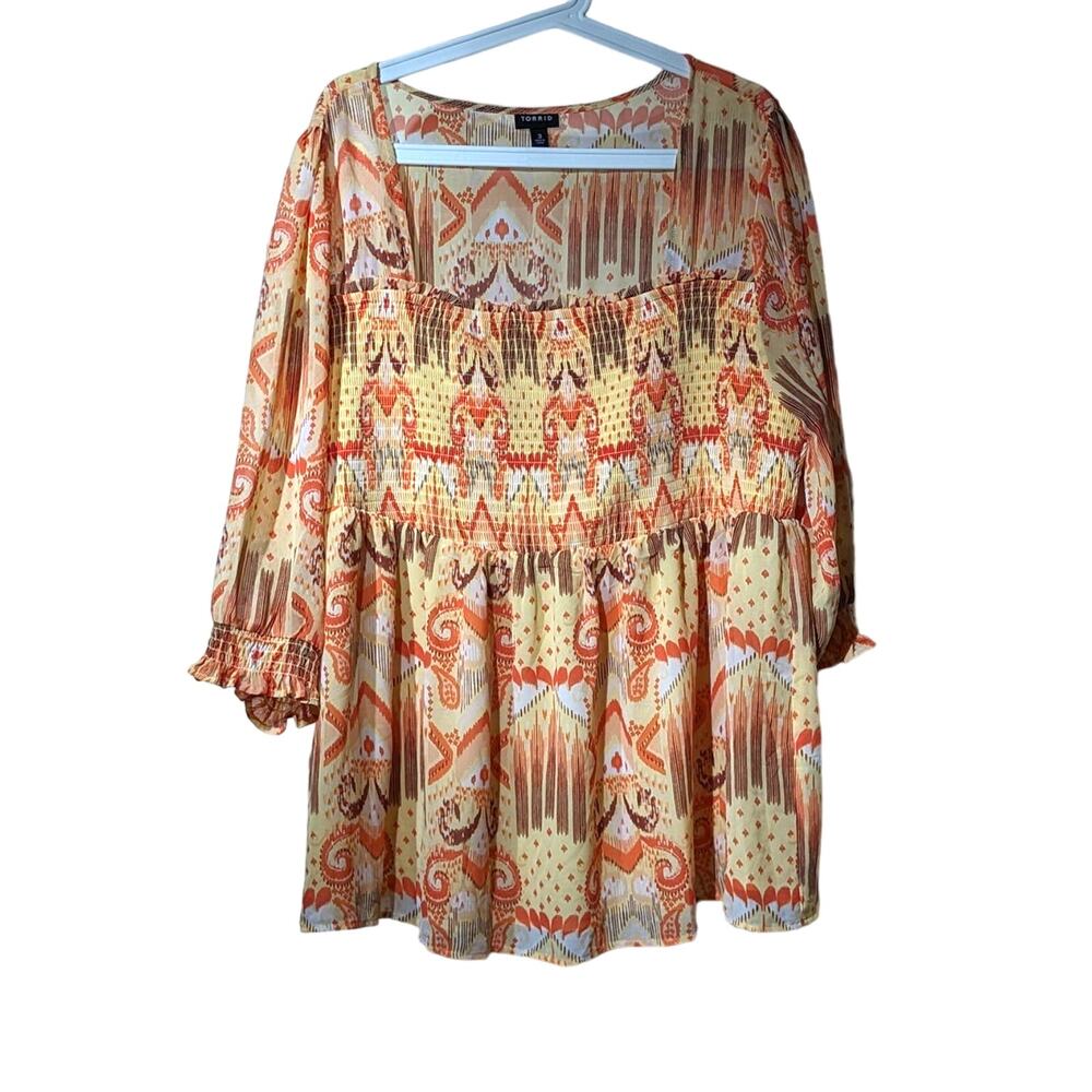 Torrid Babydoll Chiffon Smocked Bodice Yellow Orange Top Womens Sz 3